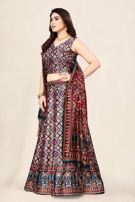 Navy Blue Satin Silk Lehenga Choli Set With Dupatta 3