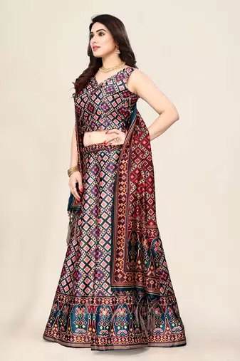 Navy Blue Satin Silk Lehenga Choli Set With Dupatta
