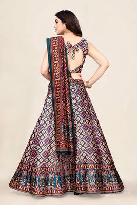 Navy Blue Satin Silk Lehenga Choli Set With Dupatta 4