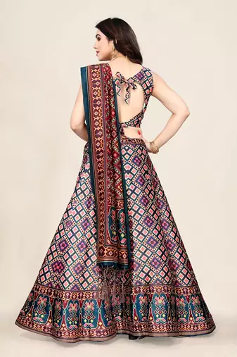 Navy Blue Satin Silk Lehenga Choli Set With Dupatta