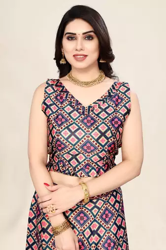 Navy Blue Satin Silk Lehenga Choli Set With Dupatta