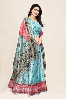 Sky Blue Satin Silk Lehenga Choli Set With Dupatta 2