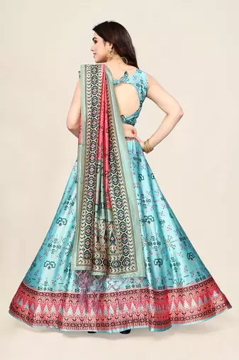 Sky Blue Satin Silk Lehenga Choli Set With Dupatta