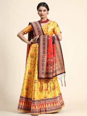 Yellow Semi-Stitched Satin Silk Lehenga Choli Set With Dupatta 1