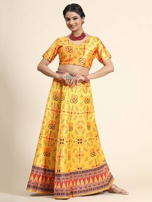 Yellow Semi-Stitched Satin Silk Lehenga Choli Set With Dupatta 3