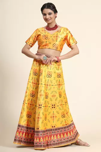 Yellow Semi-Stitched Satin Silk Lehenga Choli Set With Dupatta