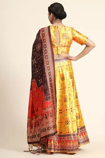 Yellow Semi-Stitched Satin Silk Lehenga Choli Set With Dupatta