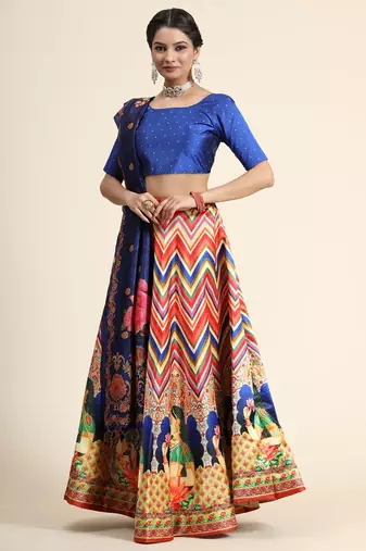 Blue Satin Silk Lehenga Choli Set With Dupatta