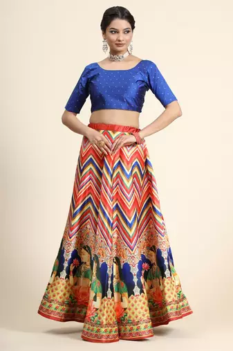 Blue Satin Silk Lehenga Choli Set With Dupatta