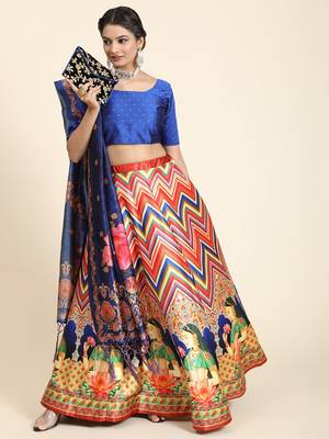 Blue Satin Silk Lehenga Choli Set With Dupatta 4
