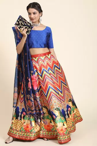 Blue Satin Silk Lehenga Choli Set With Dupatta