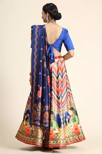 Blue Satin Silk Lehenga Choli Set With Dupatta