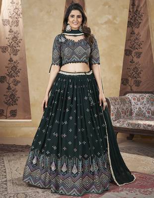 Green Pigment Foil Worked L Size Stitched Georgette Lehenga Choli For Wedding 1