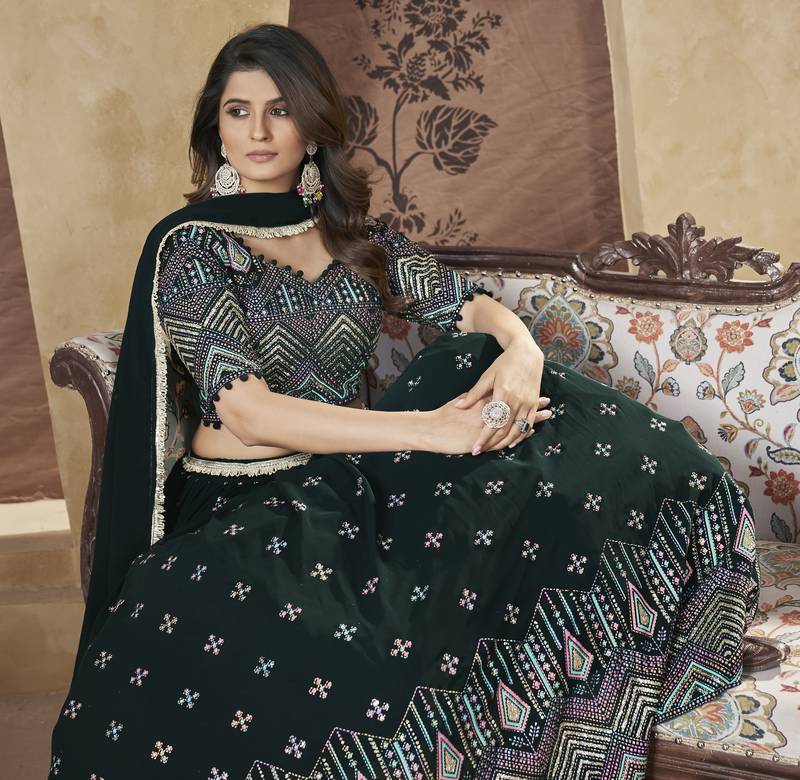 Green Pigment Foil Worked L Size Stitched Georgette Lehenga Choli For Wedding