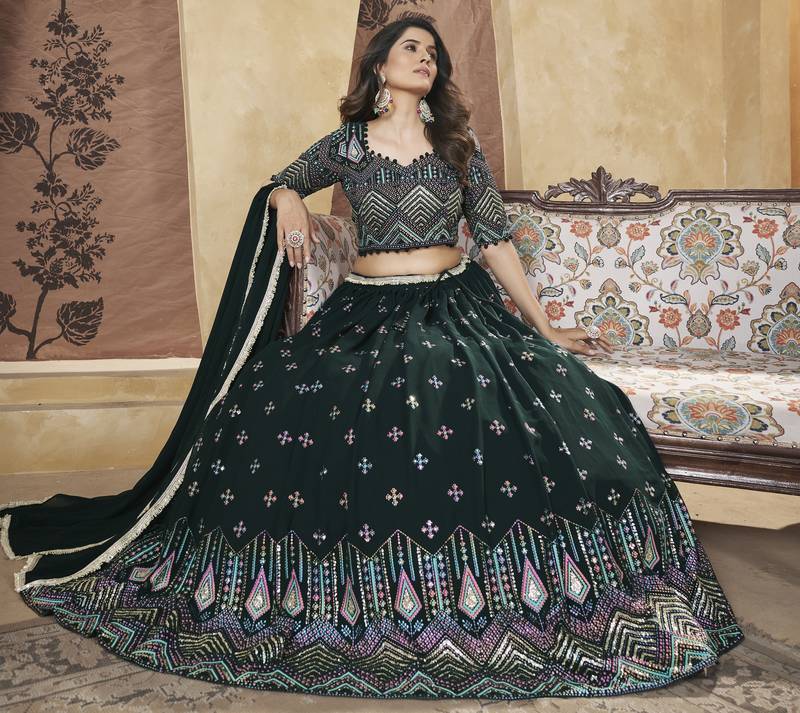 Green Pigment Foil Worked L Size Stitched Georgette Lehenga Choli For Wedding
