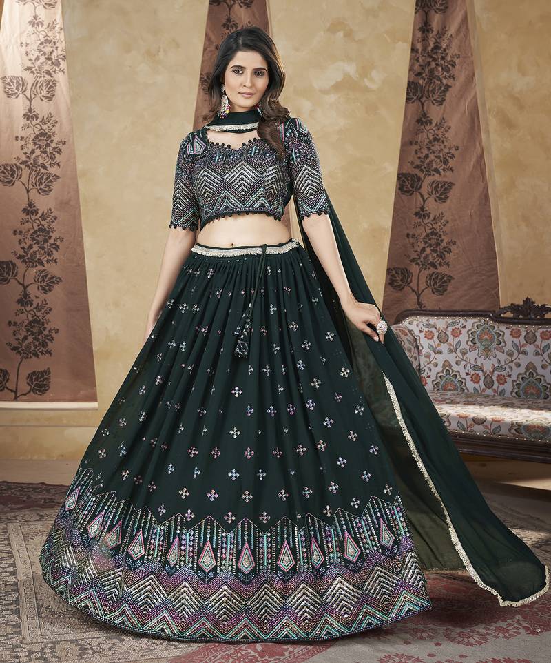 Green Pigment Foil Worked L Size Stitched Georgette Lehenga Choli For Wedding