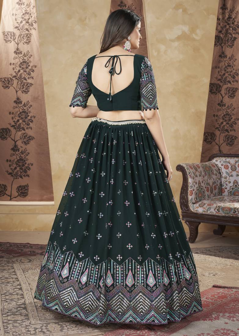 Green Pigment Foil Worked L Size Stitched Georgette Lehenga Choli For Wedding