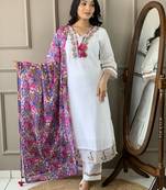 Women White Chanderi Embroidered Kurta Pant Dupatta Set
