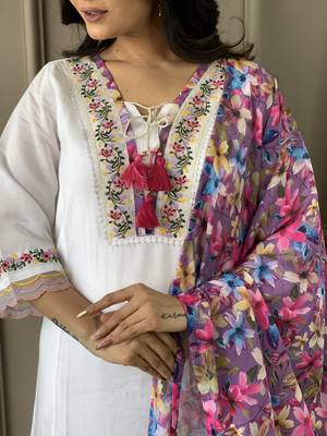 Women White Chanderi Embroidered Kurta Pant Dupatta Set 3