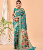 Rama Color Paithani silk blend Saree With Jaal Design