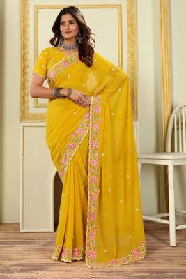 Patlani Style Beautiful Pretty Yellow Georgette Floral Embroidery Work Saree With Unstitched Blouse 1