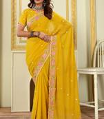 Patlani Style Beautiful Pretty Yellow Georgette Floral Embroidery Work Saree With Unstitched Blouse