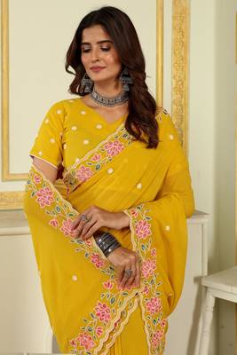 Patlani Style Beautiful Pretty Yellow Georgette Floral Embroidery Work Saree With Unstitched Blouse 2