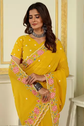 Patlani Style Beautiful Pretty Yellow Georgette Floral Embroidery Work Saree With Unstitched Blouse