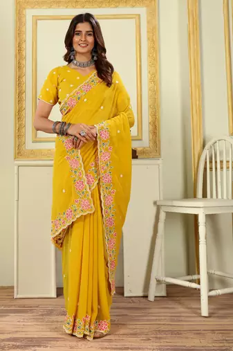 Patlani Style Beautiful Pretty Yellow Georgette Floral Embroidery Work Saree With Unstitched Blouse