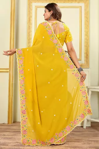 Patlani Style Beautiful Pretty Yellow Georgette Floral Embroidery Work Saree With Unstitched Blouse
