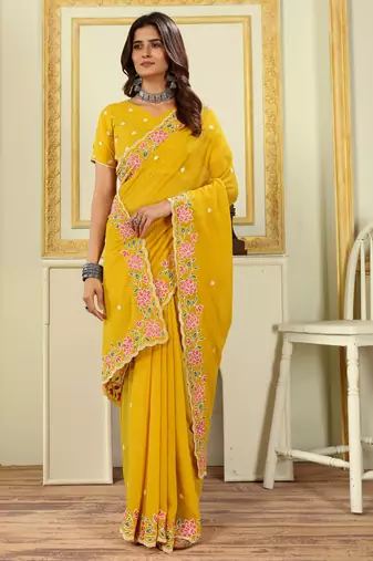 Patlani Style Beautiful Pretty Yellow Georgette Floral Embroidery Work Saree With Unstitched Blouse