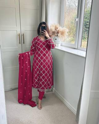 Women latest sequence work faux georgette kurta pant with dupatta sets 1