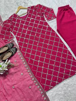 Women latest sequence work faux georgette kurta pant with dupatta sets 3