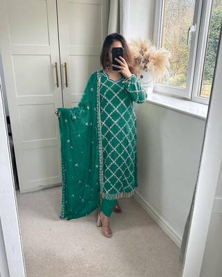 Women latest sequence work faux georgette kurta pant with dupatta sets 1
