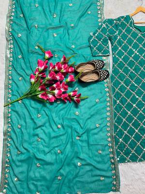 Women latest sequence work faux georgette kurta pant with dupatta sets 2