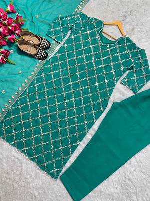 Women latest sequence work faux georgette kurta pant with dupatta sets 3
