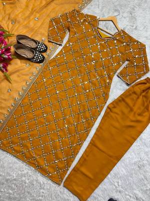 Women latest sequence work faux georgette kurta pant with dupatta sets 3