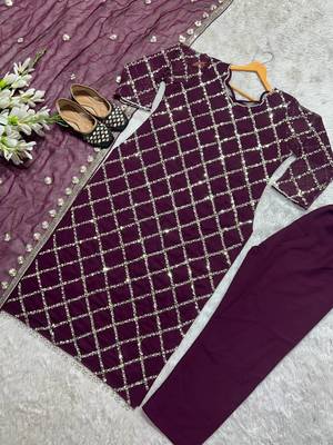 Women latest sequence work faux georgette kurta pant with dupatta sets 3