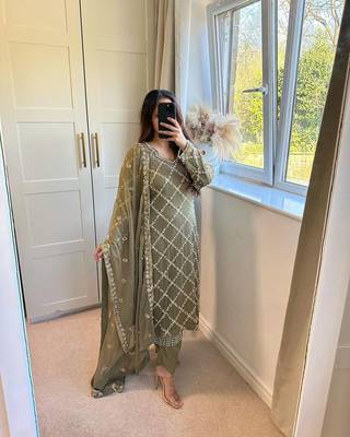 Women latest sequence work faux georgette kurta pant with dupatta sets 1