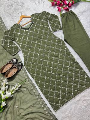 Women latest sequence work faux georgette kurta pant with dupatta sets 3