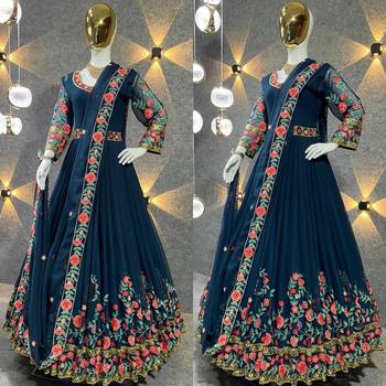 Full flared hand embroidered gown with dupatta sets 2