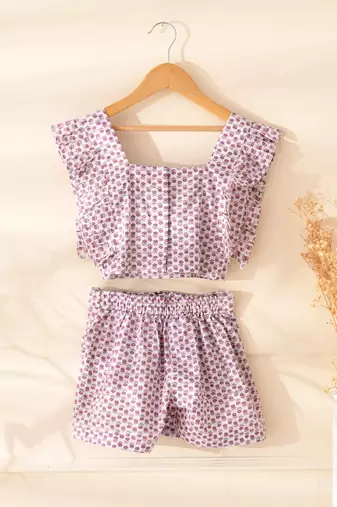 Girl's white printed top and shorts set