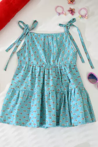 Girl's aqua blue tiered flared frock dress