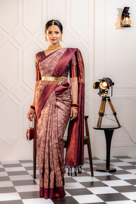Manroon Banarasi silk blend Saree With Fancy Blouse Piece. 1