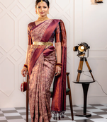 Manroon Banarasi silk blend Saree With Fancy Blouse Piece.
