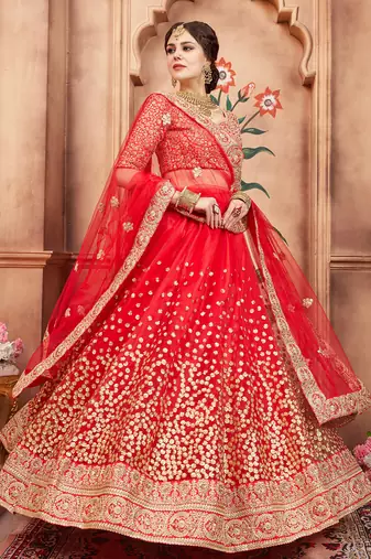 red & gold toned embroidered bridal lehenga set choli with dupatta with dupatta