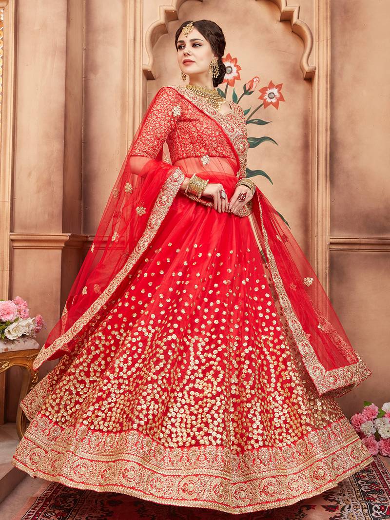 Red & Gold-Toned Embroidered Bridal Lehenga Choli with Dupatta
