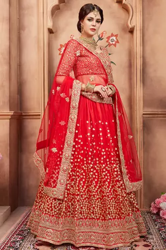 red & gold toned embroidered bridal lehenga set choli with dupatta with dupatta