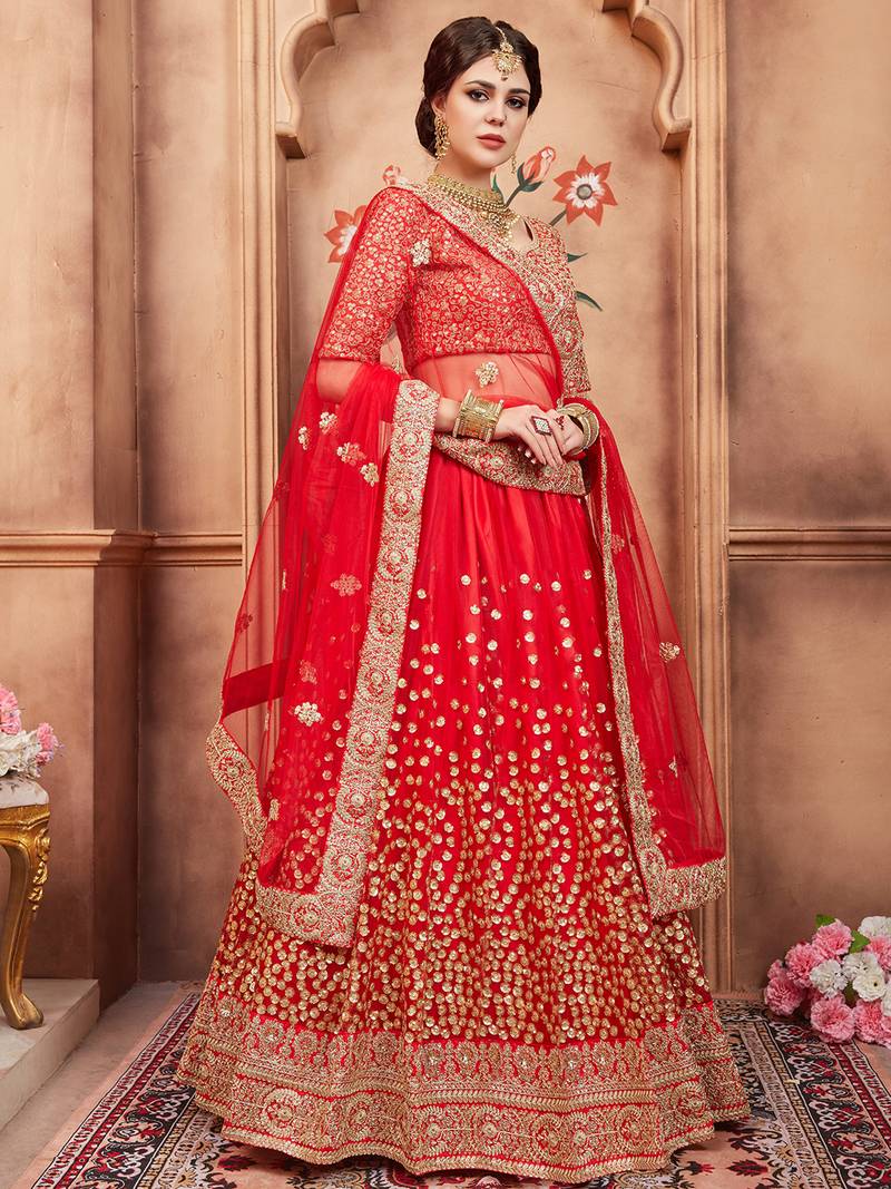 Red & Gold-Toned Embroidered Bridal Lehenga Choli with Dupatta