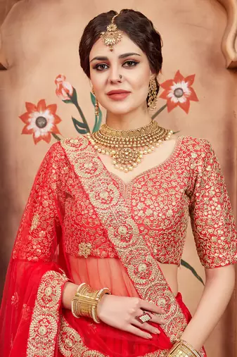 red & gold toned embroidered bridal lehenga set choli with dupatta with dupatta